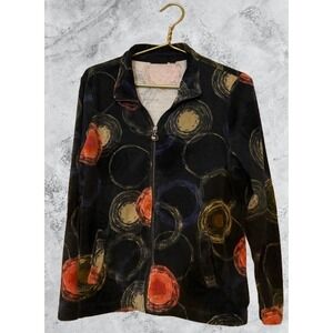 Onque Casual Womens Large Black Abstract Circle Print Zip Up Velour Jacket L